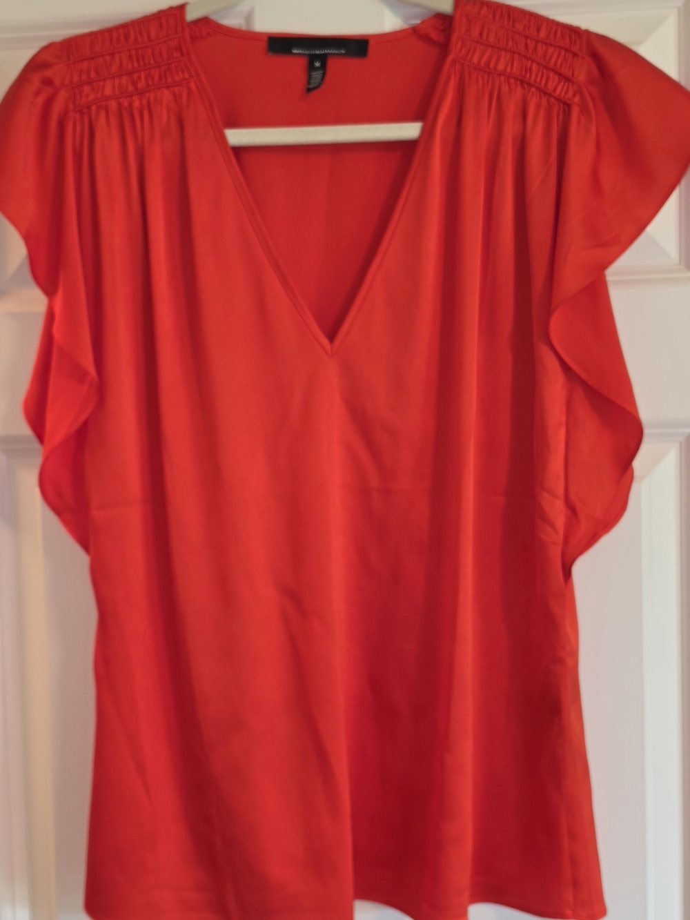 White House Black Market Orange Satin V-Neck Flutter Sleeve Blouse